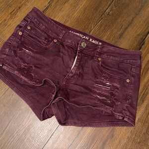 American Eagle Burgundy Distressed Shortie Jean Shorts